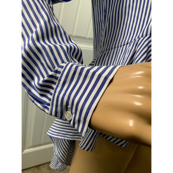 FX JC Women's Blue White Striped Peplum Collared Button Down Shirt Med High Low - Picture 6 of 13